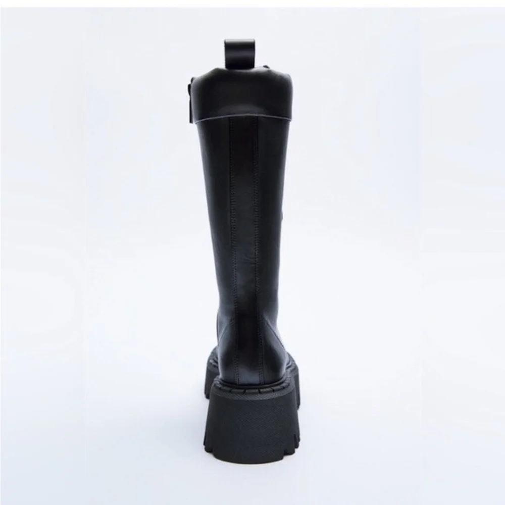 ZARA Black Vegan Leather Lace-Up Chunky Platform Combat Boots Size 8 EU 39